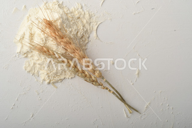 مجموعة من الأرز والقمح والطحين والعملات المعدنية على خلفية بيضاء