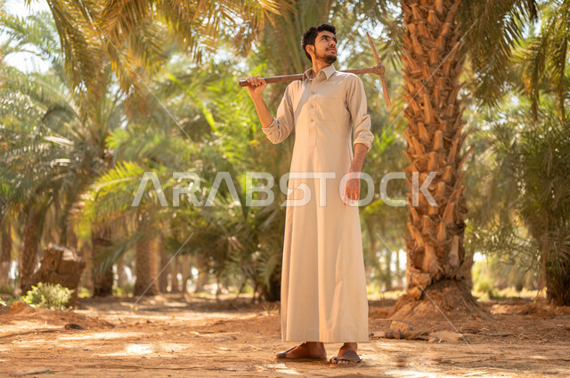 Taking care of the farm’s rich and fertile soil, preparing to work plowing the land in the palm farm using old tools, a Saudi Arabian Gulf farmer wearing traditional folk clothing carrying the drilling tool on his shoulder and looking up at the farms of the Kingdom of Saudi Arabia with gestures of happiness and pleasure