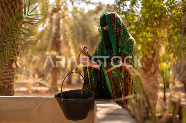 استعمال الطرق القديمة والشعبية في المزرعة، إمرأة عربية خليجية سعودية ترتدي الزي الشعبي التقليدي والبرقع تقوم باخراج الدلو من الترعة باستخدام الحبل للحصول على الماء، مشاركة المرأة في العمل داخل مزارع النخيل المثمرة في المملكة، مهن زراعية تقليدية محلية