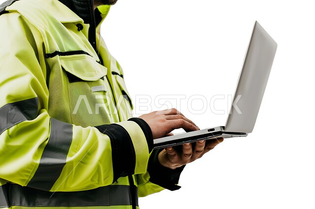 Engineering project management, integrating work with technology, studying the basics of the project through modern applications and technologies, close-up portrait from the side of a Saudi Gulf Arab engineer wearing a protective jacket holding a laptop in his hand, white background
