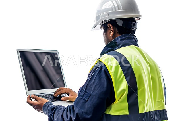 Integrating work with technology, studying the basics of the project through modern applications and technologies, engineering project management, close-up portrait from the back of a Saudi Gulf Arab engineer wearing a helmet and protective vest holding a laptop in his hand, white background