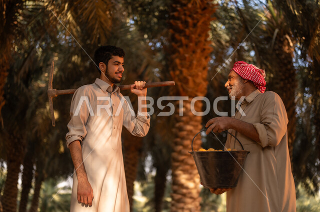 محاصيل زراعية محلية، موسم حصاد التمور في المملكة، توارث مهنة الزراعة من الأجداد، فلاح عربي خليجي سعودي يرتدي الثوب والعمامة يحمل بيده البلح ويقوم بالتحدث مع ابنه في مزرعة النخيل بإيماءات السعادة والبهجة، شاب يقوم بوضع أداة الحفر على كتفه في مزارع النخيل