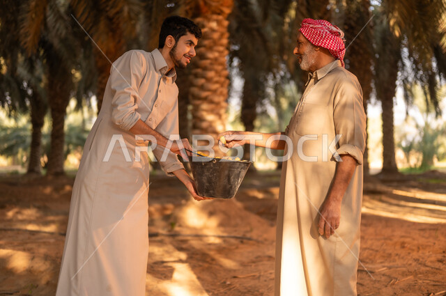 موسم حصاد التمور في مزارع النخيل في المملكة، قضاء الوقت في الهواء الطلق، فلاح عربي خليجي سعودي يرتدي الثوب والعمامة يأكل من بلح مزرعة النخيل، شاب يقوم بتقديم التمر الطازج لوالده، توارث مهنة الزراعة من الأجداد، محاصيل زراعية محلية، مهن تقليدية زراعية سعودية