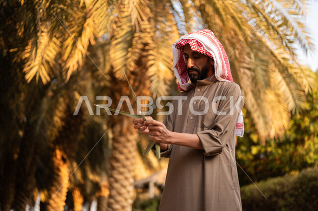 حرفة يدوية شعبية تقليدية، نسج سعف النخيل الأخضر، أوراق النخل المنسوجة يدويا، قضاء وقت العمل في الهواء الطلق، فلاح عربي خليجي سعودي يرتدي الثوب والعمامة يقوم بصناعة شيء ما من الخوص، استخدام أدوات شعبية قديمة للعمل في المزرعة، مهن تقليدية سعودية