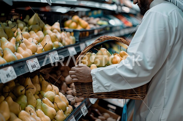 متجر لبيع الاحتياجات والمستلزمات المنزلية، منتجات ومحاصيل زراعية وطنية سعودية خضراوات وفواكه موسمية طازجة، صورة مقربة لرجل عربي خليجي  سعودي يرتدي الثوب والشماغ ييحمل بيده سلة مليئة بحبات الاجاص في إحدى الأسواق التقليدية, عرض المواد الغذائيه في الماركت