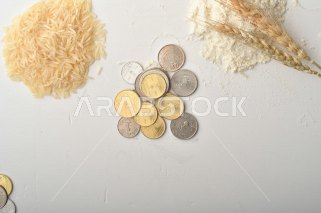 مجموعة من الأرز والزبيب والقمح والطحين والعملات المعدنية على خلفية بيضاء