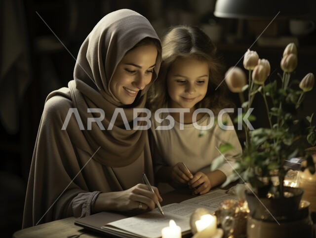 مفهوم التربية والتعليم في المنزل, اعتناء الام بصغيرتها ومتابعة الدروس معها, حب وحنان الأم لاطفالها, رعاية احتياجات الأبناء الصغار والعطف عليهم