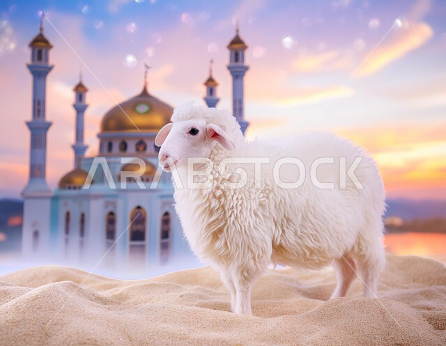 Cartoon drawings of a white sheep standing on the soft sand in the desert, raising livestock and animals in natural reserves, celebrating holidays and religious occasions, offering sacrifices for Eid al-Adha, sheep and sheep farms in the Kingdom of Saudi Arabia, background of Islamic mosques