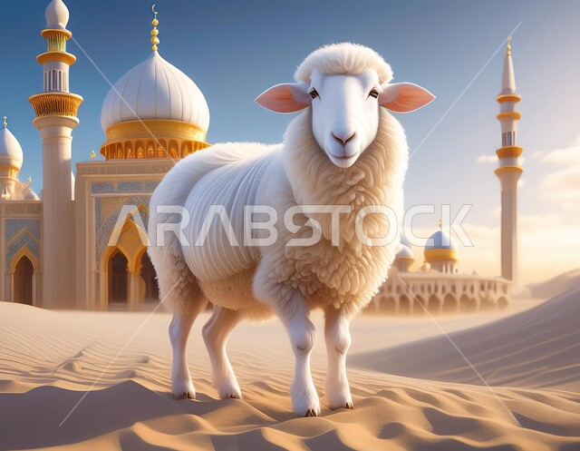 تربية المواشي والحيوانات في المحميات الطبيعيه، الاحتفال بالأعياد والمناسبات الدينية، قربان وأضاحي عيد الأضحى المبارك, مزارع الأغنام والخرفان في المملكة العربية السعودية, رسوم كرتونية لخاروف أبيض يقف على الرمال الناعمة في الصحراء، خلفية المساجد الاسلامية