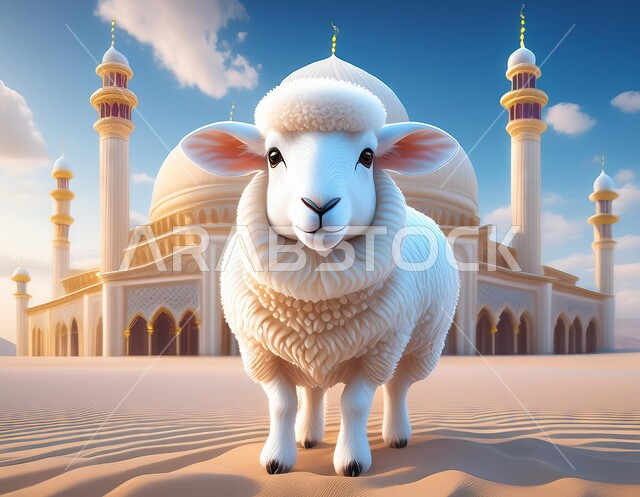 تربية المواشي والحيوانات في المحميات الطبيعيه، الاحتفال بالأعياد والمناسبات الدينية، قربان وأضاحي عيد الأضحى المبارك, مزارع الأغنام والخرفان في المملكة العربية السعودية, رسوم كرتونية لخاروف أبيض يقف على الرمال الناعمة في الصحراء، خلفية المساجد الاسلامية