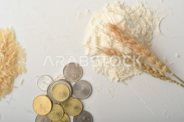 مجموعة من الأرز والزبيب والقمح والطحين والعملات المعدنية على خلفية بيضاء