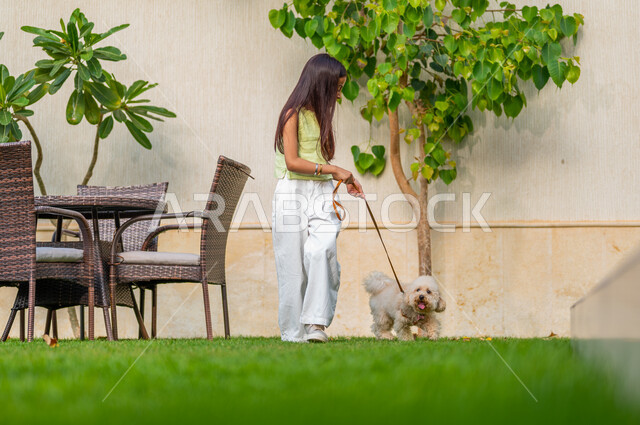 Playing and having fun with pets, feeling happy while having a good time on vacation, the concept of animal welfare, raising and owning domestic dogs, a Saudi Gulf Arab girl walking on the grass with a small puppy
