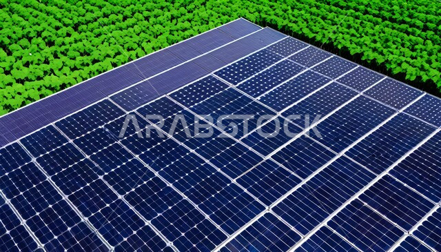 محطات الطاقات الشمسية المتجددة, تطوير البنية التحتية الحضرية والريفية, مفهوم انتاج الطاقة البديلة الصديقة للبيئة في المملكة العربية السعودية, صورة مقربة لمجموعه من ألواح الطاقة الكهروضوئية بين النباتات الخضراء
