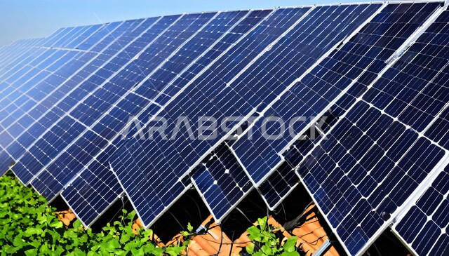 Developing urban and rural infrastructure, the concept of producing environmentally friendly alternative energy in the Kingdom of Saudi Arabia, renewable solar energy stations, a close-up of a group of photovoltaic panels among green plants