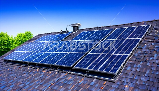 مفهوم انتاج الطاقة البديلة الصديقة للبيئة في المملكة العربية السعودية, تطوير البنية التحتية الحضرية والريفية, محطات الطاقات الشمسية المتجددة, صورة مقربة لمجموعه من ألواح الطاقة الكهروضوئية على الأسطح, خلفية السماء الزرقاء الصافية