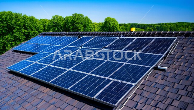محطات الطاقات الشمسية المتجددة, مفهوم انتاج الطاقة البديلة الصديقة للبيئة في المملكة العربية السعودية, تطوير البنية التحتية الحضرية والريفية, صورة مقربة لمجموعه من ألواح الطاقة الكهروضوئية على الأسطح, خلفية السماء الزرقاء الصافية مع النباتات الخضراء