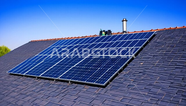 مفهوم انتاج الطاقة البديلة الصديقة للبيئة في المملكة العربية السعودية, تطوير البنية التحتية الحضرية والريفية, محطات الطاقات الشمسية المتجددة, صورة مقربة لمجموعه من ألواح الطاقة الكهروضوئية على الأسطح, خلفية السماء الزرقاء الصافية