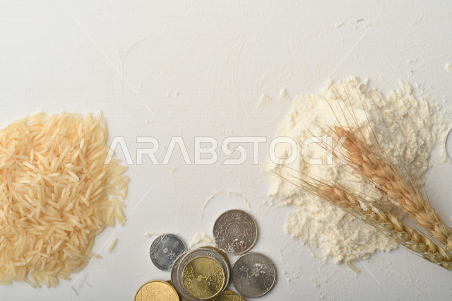 مجموعة من الأرز والزبيب والقمح والطحين والعملات المعدنية على خلفية بيضاء