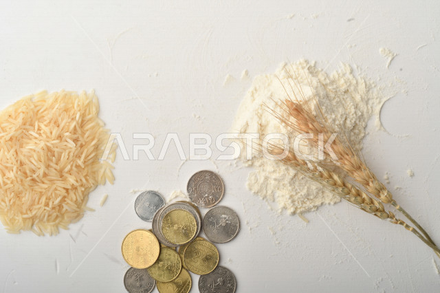 مجموعة من الأرز والزبيب والقمح والطحين والعملات المعدنية على خلفية بيضاء