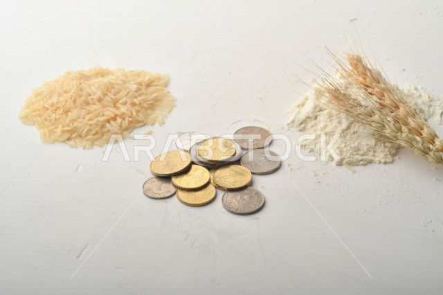 مجموعة من الأرز والزبيب والقمح والطحين والعملات المعدنية على خلفية بيضاء