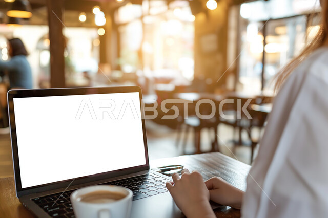 أعمال ووظائف مكتبية سعودية, دمج التقنيات الحديثة و التكنولوجيا في الحياة العملية, موك أب على الأجهزة المتطورة ,عرض شاشة بيضاء فارغه على جهاز الكمبيورتر, صورة مقربة من الخلف لأيدي امرأة تعمل على الحاسوب المحمول, تناول المشروبات الساخنة في العمل