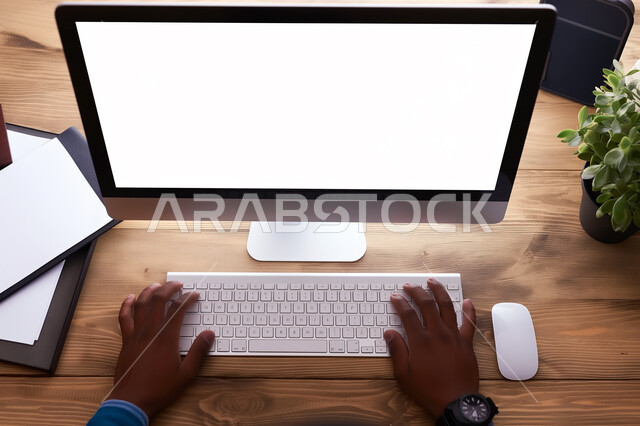  موك أب على الأجهزة المتطورة ,عرض شاشة بيضاء فارغه على جهاز الكمبيورتر, صورة من الأعلى لأيدي رجل يعمل على الحاسوب, دمج التقنيات الحديثة و التكنولوجيا في الحياة العملية, أعمال ووظائف مكتبية سعودية, الاهتمام في نباتات الزينة الخضراء