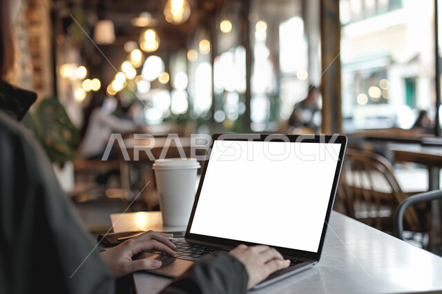 Integrating modern techniques and technology into practical life, mockup on advanced devices, displaying a blank white screen on a computer, a close-up of a man’s hands working on a computer, Saudi office work and jobs, drinking hot drinks at work