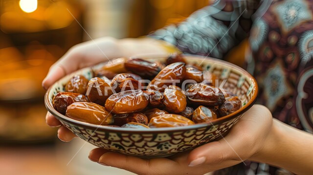 وجبة غذائية ذات قيمة عالية، موسم حصاد التمور، صورة مقربة لأيدي امرأة عربية خليجية سعودية تحمل صحن من التمور المفيدة، منتجات ومحاصيل وطنية محلية، مزارع النخيل في المملكة العربية السعودية