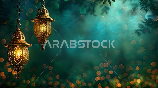 مفهوم الاحتفال بالمناسبات والأعياد الدينية الاسلامية، ديكورات وزينة رمضان المبارك, الفوانيس المعدنية التقليدية المضاءة المعلقة, البهجة بقدوم شهر الخير، الأجواء الروحانية المتميزة، خلفية خضراء ضبابية