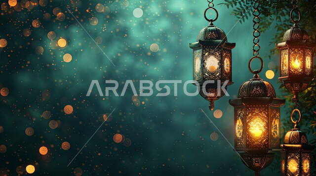 مفهوم الاحتفال بالمناسبات والأعياد الدينية الاسلامية، ديكورات وزينة رمضان المبارك, الفوانيس المعدنية التقليدية المضاءة المعلقة, البهجة بقدوم شهر الخير، الأجواء الروحانية المتميزة، خلفية خضراء ضبابية