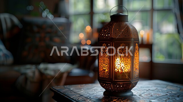 الأجواء الروحانية والاحتفال بالمناسبات والأعياد الدينية الاسلامية، ديكورات وزينة رمضان المبارك, صورة مقربة لفانوس معدني تقليدي مضيء على سطح خشبي, البهجة بقدوم شهر الخير، تحف واكسسوارت متميزة
