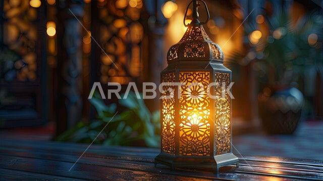 الأجواء الروحانية والاحتفال بالمناسبات والأعياد الدينية الاسلامية، ديكورات وزينة رمضان المبارك, صورة مقربة لفانوس معدني تقليدي مضيء على سطح خشبي, البهجة بقدوم شهر الخير، تحف واكسسوارت متميزة
