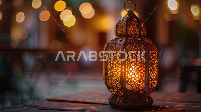 الأجواء الروحانية والاحتفال بالمناسبات والأعياد الدينية الاسلامية، ديكورات وزينة رمضان المبارك, صورة مقربة لفانوس معدني تقليدي مضيء على سطح خشبي, البهجة بقدوم شهر الخير، تحف واكسسوارت متميزة