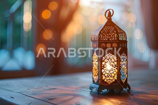 الأجواء الروحانية والاحتفال بالمناسبات والأعياد الدينية الاسلامية، ديكورات وزينة رمضان المبارك, صورة مقربة لفانوس معدني تقليدي مضيء على سطح خشبي, البهجة بقدوم شهر الخير، تحف واكسسوارت متميزة