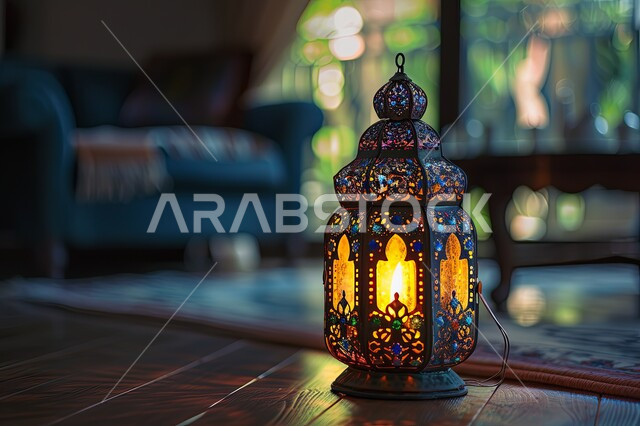 الأجواء الروحانية والاحتفال بالمناسبات والأعياد الدينية الاسلامية، ديكورات وزينة رمضان المبارك, صورة مقربة لفانوس معدني تقليدي مضيء على سطح خشبي, البهجة بقدوم شهر الخير، تحف واكسسوارت متميزة