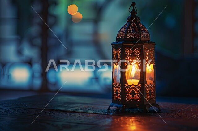 الأجواء الروحانية والاحتفال بالمناسبات والأعياد الدينية الاسلامية، ديكورات وزينة رمضان المبارك, صورة مقربة لفانوس معدني تقليدي مضيء على سطح خشبي, البهجة بقدوم شهر الخير، تحف واكسسوارت متميزة