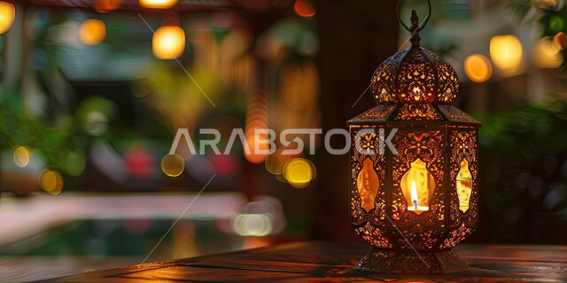 الأجواء الروحانية والاحتفال بالمناسبات والأعياد الدينية الاسلامية، ديكورات وزينة رمضان المبارك, صورة مقربة لفانوس معدني تقليدي مضيء على سطح خشبي, البهجة بقدوم شهر الخير، تحف واكسسوارت متميزة