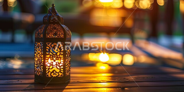 الأجواء الروحانية والاحتفال بالمناسبات والأعياد الدينية الاسلامية، ديكورات وزينة رمضان المبارك, صورة مقربة لفانوس معدني تقليدي مضيء على سطح خشبي, البهجة بقدوم شهر الخير، تحف واكسسوارت متميزة
