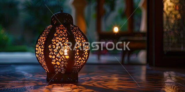 الأجواء الروحانية والاحتفال بالمناسبات والأعياد الدينية الاسلامية، ديكورات وزينة رمضان المبارك, صورة مقربة لفانوس معدني تقليدي مضيء على سطح خشبي, البهجة بقدوم شهر الخير، تحف واكسسوارت متميزة