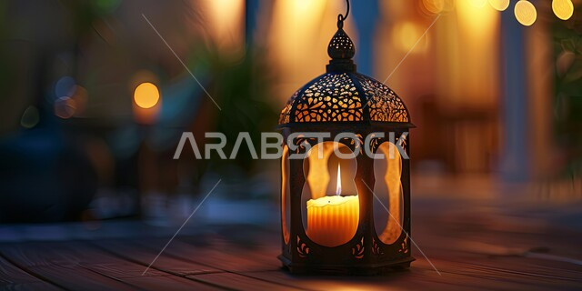 الأجواء الروحانية والاحتفال بالمناسبات والأعياد الدينية الاسلامية، ديكورات وزينة رمضان المبارك, صورة مقربة لفانوس معدني تقليدي مضيء على سطح خشبي, البهجة بقدوم شهر الخير، تحف واكسسوارت متميزة