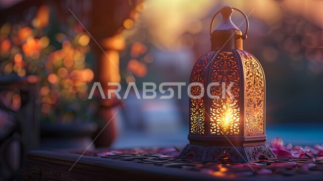 الأجواء الروحانية والاحتفال بالمناسبات والأعياد الدينية الاسلامية، ديكورات وزينة رمضان المبارك, صورة مقربة لفانوس معدني تقليدي مضيء على سطح خشبي, البهجة بقدوم شهر الخير، تحف واكسسوارت متميزة