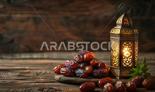 ديكورات وزينة رمضان المبارك, الأجواء الروحانية والاحتفال بالمناسبات والأعياد الدينية الاسلامية، صورة مقربة لفانوس معدني تقليدي مضيء على سطح خشبي مع طبق من التمر, البهجة بقدوم شهر الخير، تحف واكسسوارت متميزة، ضيافة رمضانية شهية