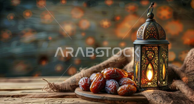 ديكورات وزينة رمضان المبارك, الأجواء الروحانية والاحتفال بالمناسبات والأعياد الدينية الاسلامية، صورة مقربة لفانوس معدني تقليدي مضيء على سطح خشبي مع طبق من التمر, البهجة بقدوم شهر الخير، تحف واكسسوارت متميزة، ضيافة رمضانية شهية