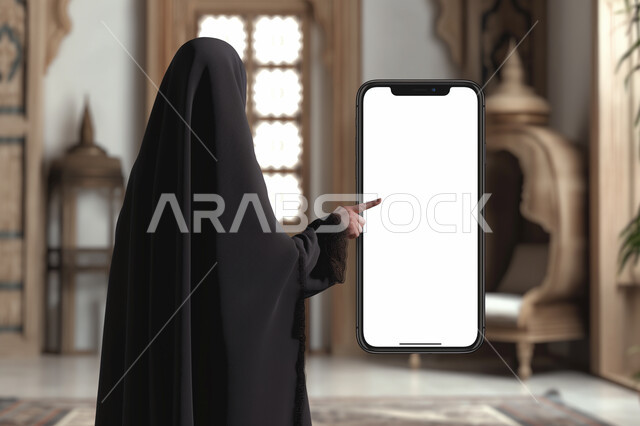  استخدام التقنيات الحديثة المتطورة, صورة من الخلف لامرأة عربيه خليجية سعودية محجبة ترتدي العباءه السوداء تشير بأصبع السبابة الى موك أب على الهاتف المحمول, عرض شاشة بيضاء فارغة