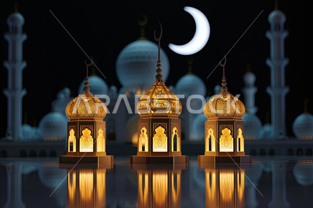 زينة وديكورات رمضان المبارك, الأجواء الروحانية والاحتفال بالمناسبات والأعياد الدينية الاسلامية، صورة مقربة لفوانيس معدنية تقليدية مضيئة مع الهلال, البهجة بقدوم شهر الخير، تحف واكسسوارت متميزة، خلفية قبب ومآذن المساجد