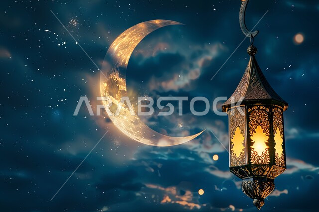 أجواء الاحتفال بالمناسبات والأعياد الدينية الاسلامية، ديكورات وزينة رمضان المبارك, فانوس معدني تقليدي مضيء معلق في سماء المملكة العربية السعودية, منظر النجوم والهلال والغيوم، البهجة بقدوم شهر الخير، خلفية باللون الأزرق