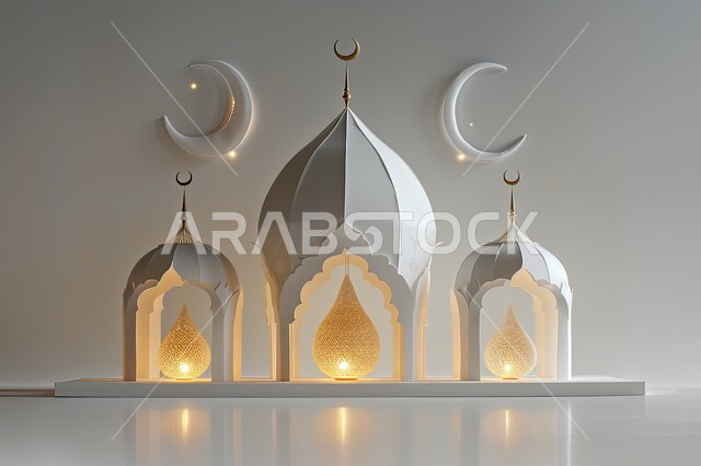 زينة وديكورات رمضان المبارك, أجواء الاحتفال بالمناسبات والأعياد الدينية الاسلامية، مجموعة من مجسمات الفوانيس والهلال بيضاء اللون المضيئة, البهجة بقدوم شهر الخير، تحف واكسسوارات متميزة، خلفية بيضاء