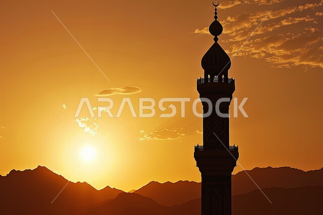 العبادة والتقرب إلى الله تعالى, نداء المسلمين لأداء الفرائض والصلوات, صورة ظلية لقبب ومآذن المساجد الاسلامية وقت غروب الشمس, الأجواء الروحانية المتميزة, الفن الهندسي المعماري على الطراز العربي الاسلامي القديم, سالويت
