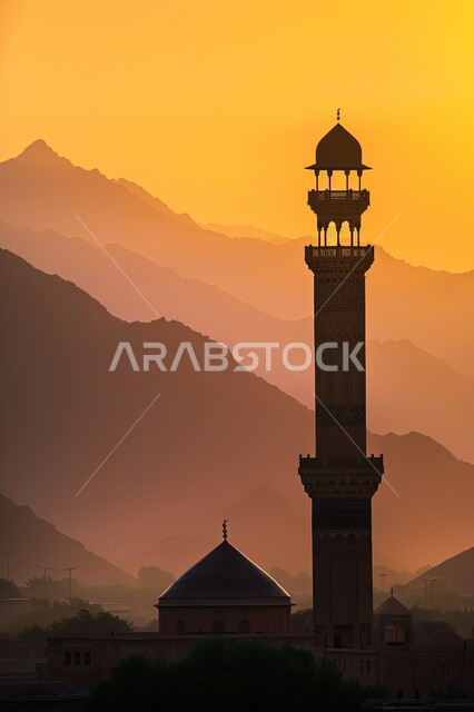 العبادة والتقرب إلى الله تعالى, نداء المسلمين لأداء الفرائض والصلوات, صورة ظلية لقبب ومآذن المساجد الاسلامية وقت غروب الشمس, الأجواء الروحانية المتميزة, الفن الهندسي المعماري على الطراز العربي الاسلامي القديم, سالويت