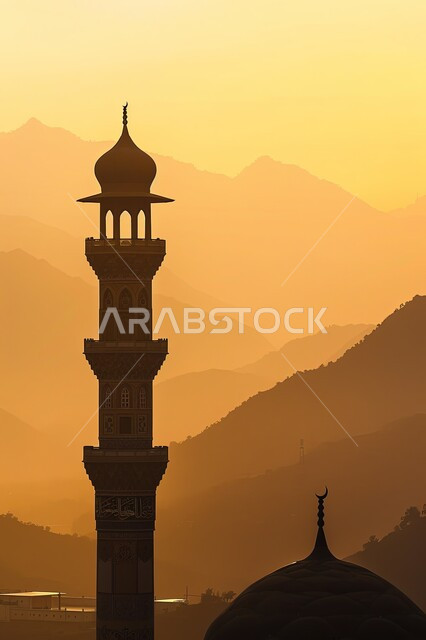 العبادة والتقرب إلى الله تعالى, نداء المسلمين لأداء الفرائض والصلوات, صورة ظلية لقبب ومآذن المساجد الاسلامية وقت غروب الشمس, الأجواء الروحانية المتميزة, الفن الهندسي المعماري على الطراز العربي الاسلامي القديم, سالويت